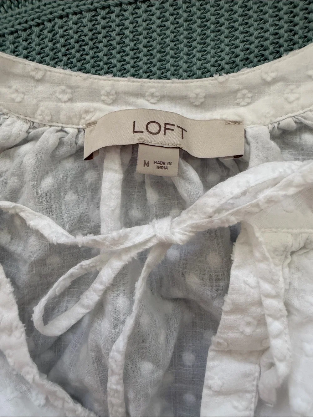 LOFT White Swiss Dot Tie-Neck Blouse Size Medium